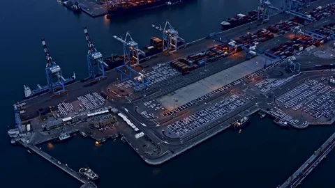 Containers loading in  industrial port (Haifa, Israel), 4k aerial drone view Stock-Footage 122268728