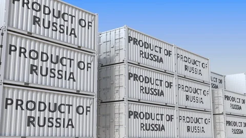 Containers with PRODUCT OF RUSSIA text, loopable 3D animation Video stock 116275619