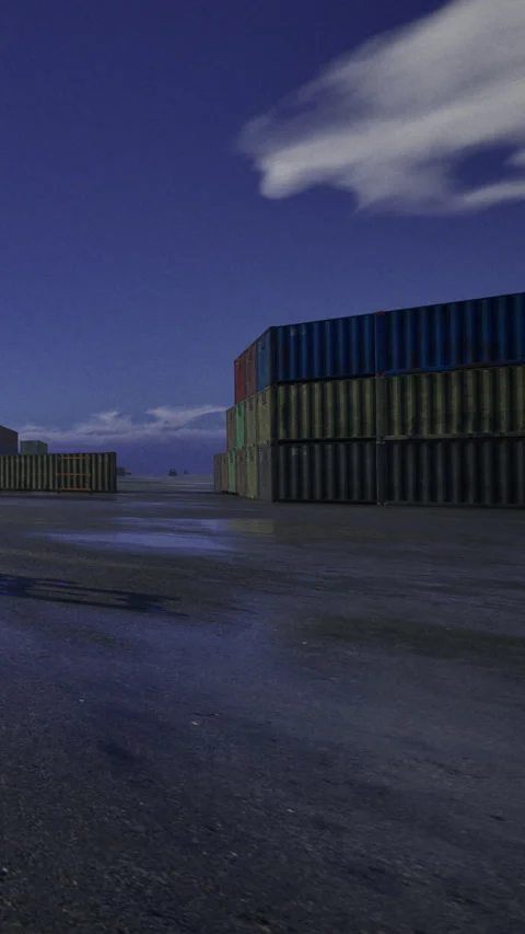 Containers reflect in the moonlight at a quiet dockside scene Stock Footage 331697446