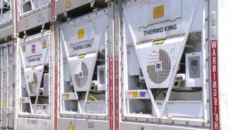 Containers with the refrigeration units visible. Used for temperature sensitive Stock Footage 66448843