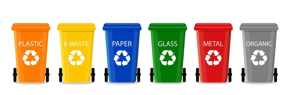 Containers for sorting garbage of different colors with a recycling icon. Stock Illustration