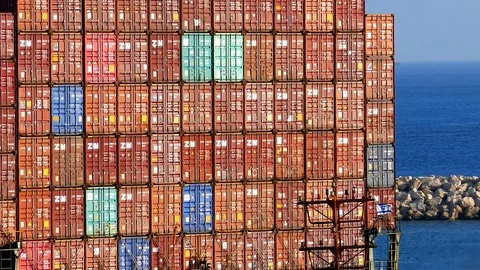 Containers stack height on a ship 4k intro video for business Stock Footage 95165896