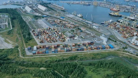 Containers unloading / loading. Huge marine center. Docks. Shipyard. A huge Stock Footage 93197634