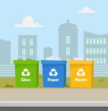 Containers with waste. Recycling and sorting garbage. City landscape on backg Stock Illustration