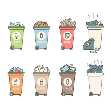 Containers waste sorting plastic organic paper glass metal garbage recycling Stock Illustration