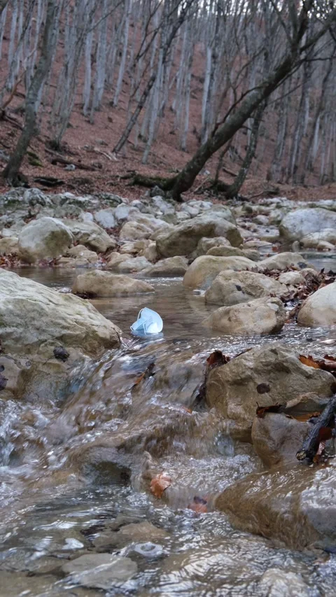 Contaminated water and river after coronavirus. Medical mask in the river. Stock Footage 164679468