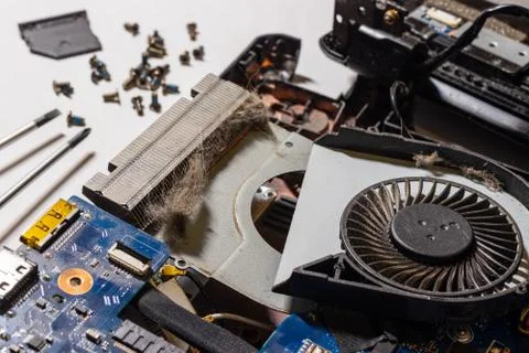 Contamination of the laptop cooler with dust and cat hair Stock Photos