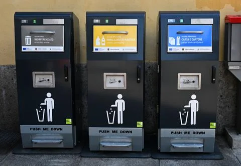 Conteiners with separated and sorted waste in Bergamo Stock Photos