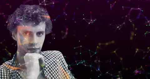 Contemplating digital network connections, pensive man with curly hair in Illustrazione stock