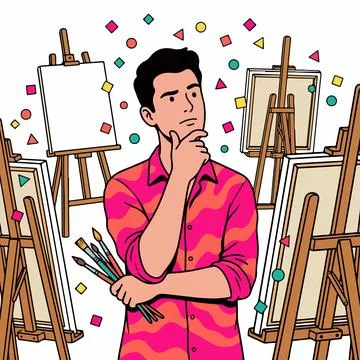 Contemplative Artist Surrounded by Easels Stock Illustration
