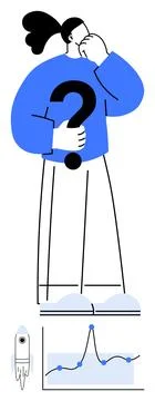Contemplative Figure Holding a Question Mark with Rocket and Graph Symbols .. Illustrazione stock