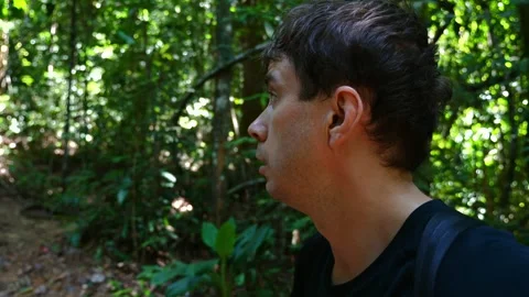 Contemplative man enjoying solitude while exploring dense tropical Vídeos de archivo 260637347