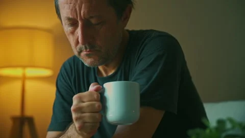 A contemplative middle-aged man drinking from a coffee mug in warm living r.. Stock Footage 346806739