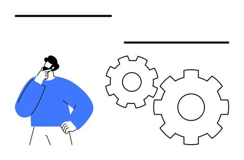 Contemplative Person Standing Next to Two Gears, Symbolizing Strategy and P.. Stock Illustration