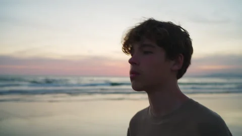 Contemplative Young Man on a Beach at Sunset Stock Footage 346356252