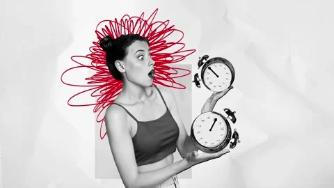 Contemporary 3d motion collage video of shocked worried girl hold alarm clock Stock Footage 301631430