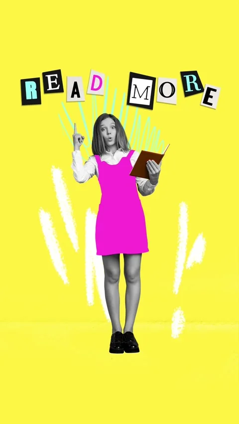 Contemporary 3d motion collage video of astonished teenage girl hold book Stock Footage 301633301