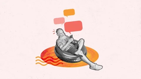 Contemporary 3d motion collage video of happy old man sit lifebuoy type phone Stock-Footage 302992753