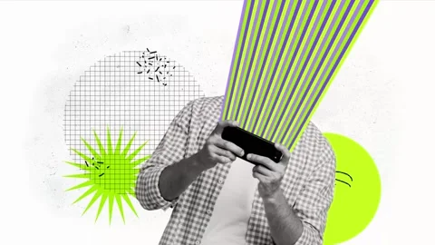 Contemporary 3d motion collage video of anonym man hold phone addicted ray ai Stock Footage 309510514