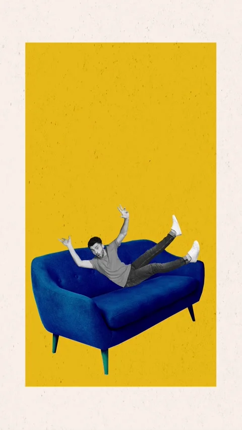 Contemporary 3d motion collage video of shocked man jump sofa indoor Stock Footage 310671224