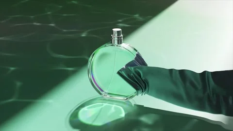 Contemporary 3D rendering of a clear perfume bottle against a background of deep Stock-Footage 274904472