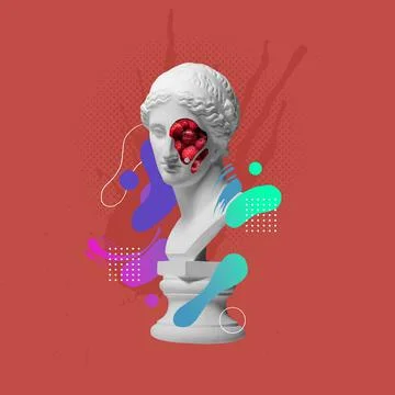 Contemporary art collage of antique statue bust with raspberry and colorful Stock Photos