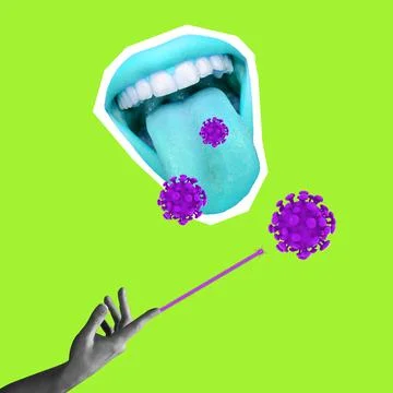 Contemporary art collage. Composition with open female mouth and viruses. Covid Stock Illustration