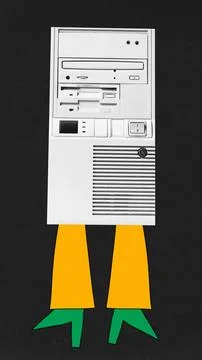 Contemporary art collage. Computer system unit with painted person's legs in Stock Photos