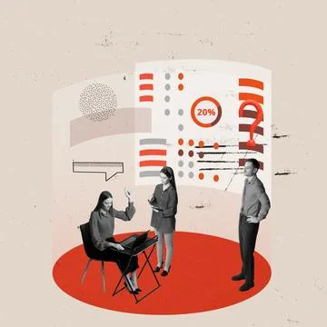 Contemporary art collage. Conceptual design. Managers meeting. Employees Stock Photos