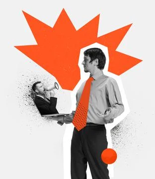 Contemporary art collage. Conceptual image with businessman sticking out laptop Stock Photos
