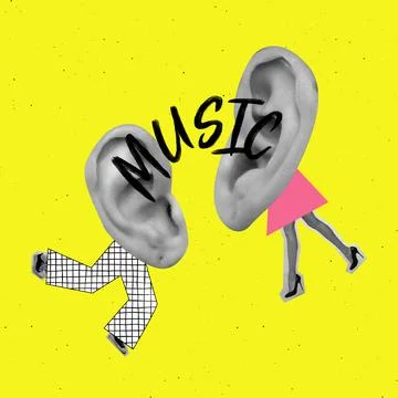Contemporary art collage. Creative colorful design. Two giant ears on human legs Stock Photos