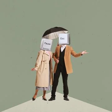 Contemporary art collage. Creative design. Young man couple, man and woman with Stock Photos