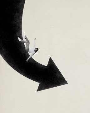 Contemporary art collage. Decrease. Young woman entrepreneur rolls down black Stock Photos