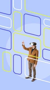 Contemporary art collage. Exploring virtual world through headset, image high Stock Photos