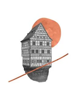Contemporary art collage. Flying cozy house, building. Stock Photos
