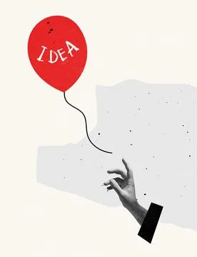 Contemporary art collage. Hand reaching air balloon with idea lettering Stock Photos
