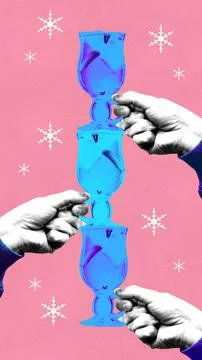 Contemporary art collage. Hands stacking vibrant blue glasses with mulled wine Illustrazione stock