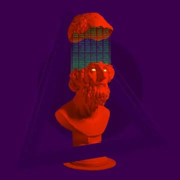 Contemporary art collage. Image of red ancient greek statue with binary code on Stock Illustration