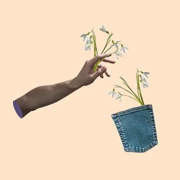 Contemporary art collage, modern design. Aesthetic of hand. Trendy pastel colors Stock Illustration