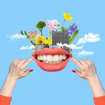 Contemporary art collage, modern design. Composition with female mouth and human Stock Photos