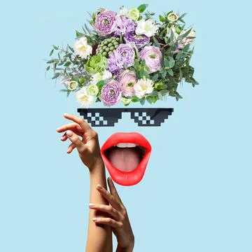 Contemporary art collage, modern design. Composition with female mouth and human Stock Photos