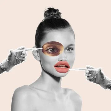 Contemporary art collage. Young woman doing lip augmentation surgery with Stock Photos
