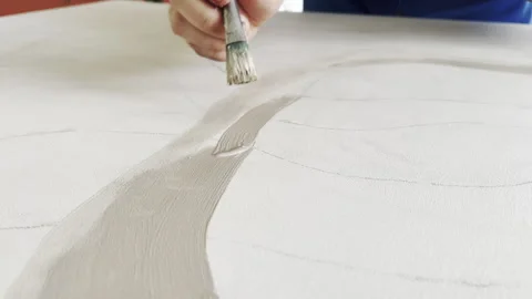 Contemporary art work creation on canvas, person hand using brush and acrylic Video stock 302449757