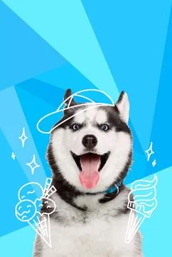 Contemporary artwork. Vector illustration. Smiling Husky eating sweet ice cream Stock Illustration
