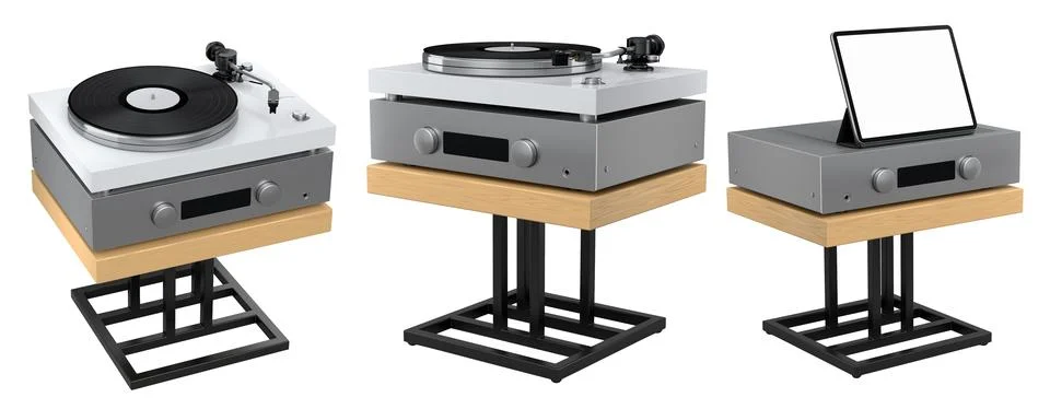 Contemporary audio setup with record player, amplifier and tablet on wooden.. Stock Photos