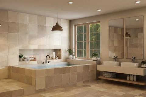 Contemporary beige bathroom interior with double sink and bathtub 3D illust.. Stock Illustration