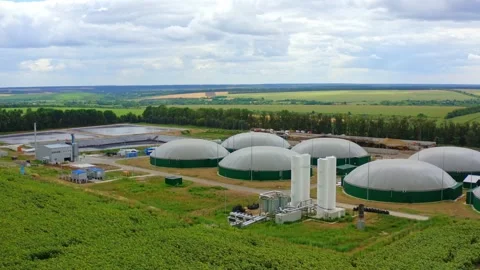 Contemporary biogas complex. Round storage tanks for biomass production Stock Footage 139194538