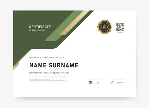 Contemporary certificate template featuring bold geometric corners, QR code.. Stock Illustration