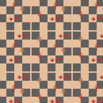 Contemporary Checkerboard Pattern Featuring Stylized Palm and Pine Leaf Motif Illustrazione stock