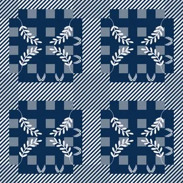 Contemporary Checkerboard Pattern with Stylized Red Fan Leaves and Brown Br.. Stock Illustration